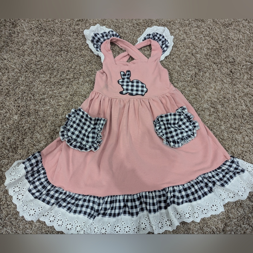 4t Boutique bunny Easter dress buffalo check embroidered applique lace ruffles